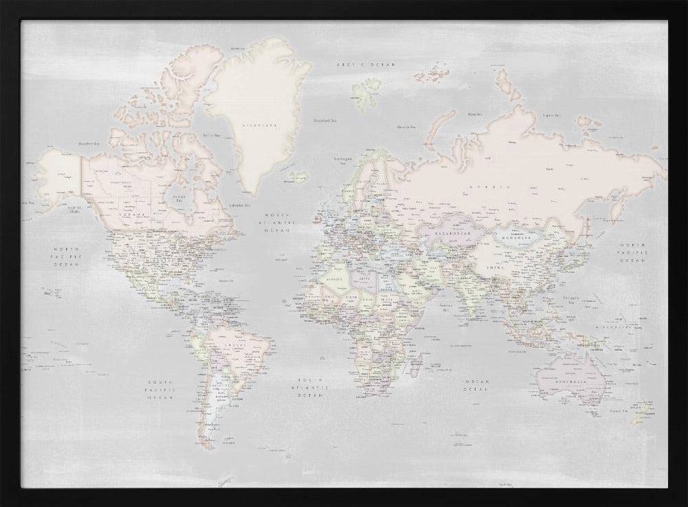 Detailed world map with cities, Maeli pastels Poster - 100x70 cm / 40x28″
