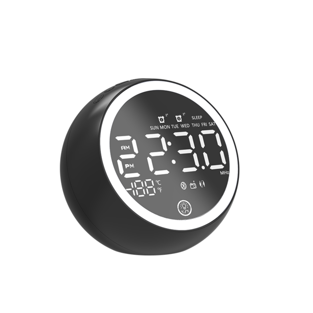 Uppladdningsbar dubbel väckarklocka radio bluetooth-högtalare väckarklocka fm-radio nattljus temperatur tid led-display för hem - Svart oss