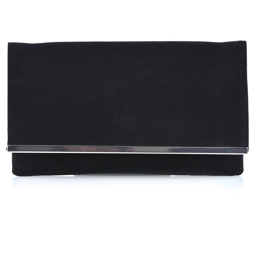 BILLIE CHAIN STRAP MAGNETIC SNAP CLOSURE CLUTCH BAG IN BLACK FAUX SUEDE