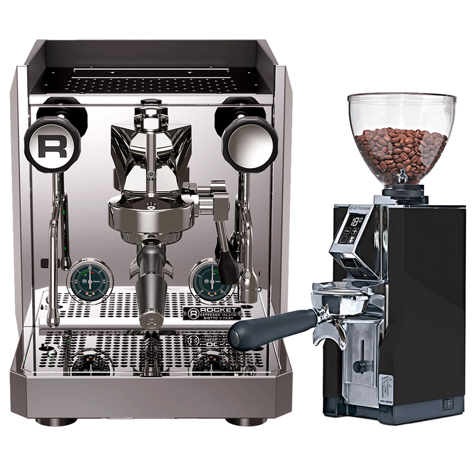 Rocket Giotto Fast V Stål Espressomaskin inkl. Eureka Mignon Libra 65 Krom/Matt Svart Espressokvarn