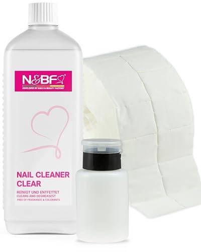 N&BF Nagelrengörarset 1 000 ml + dispenser, pumpflaska + 1 000 cellulosa kuddar (2 rullar med 500 stycken) – 70 % isopropanol alkohol isopropyl alkohol 1 L – för gelnaglar – nagelrengörare (svart 150)