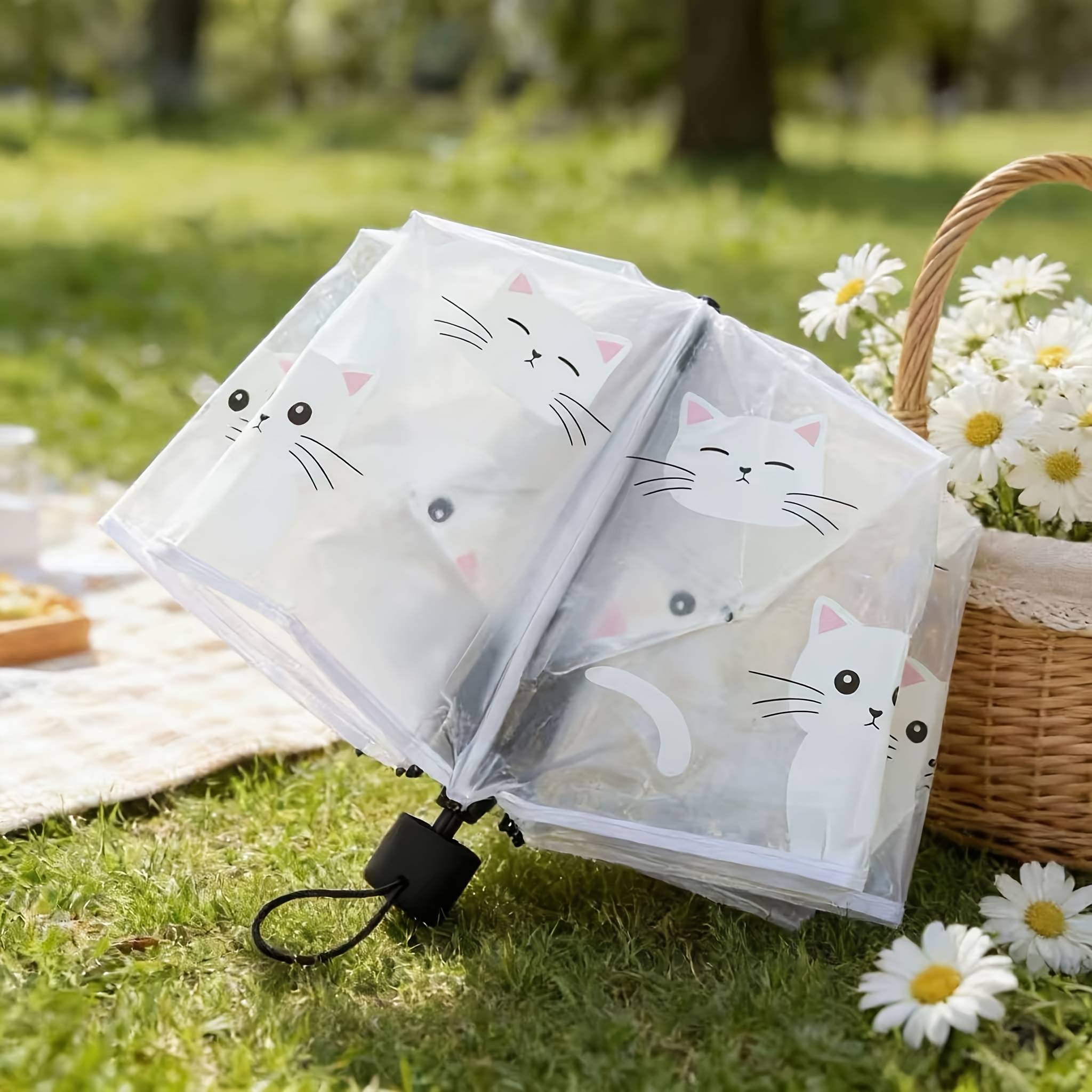 White Cat Transparent Frosted Manual Folding Umbrella