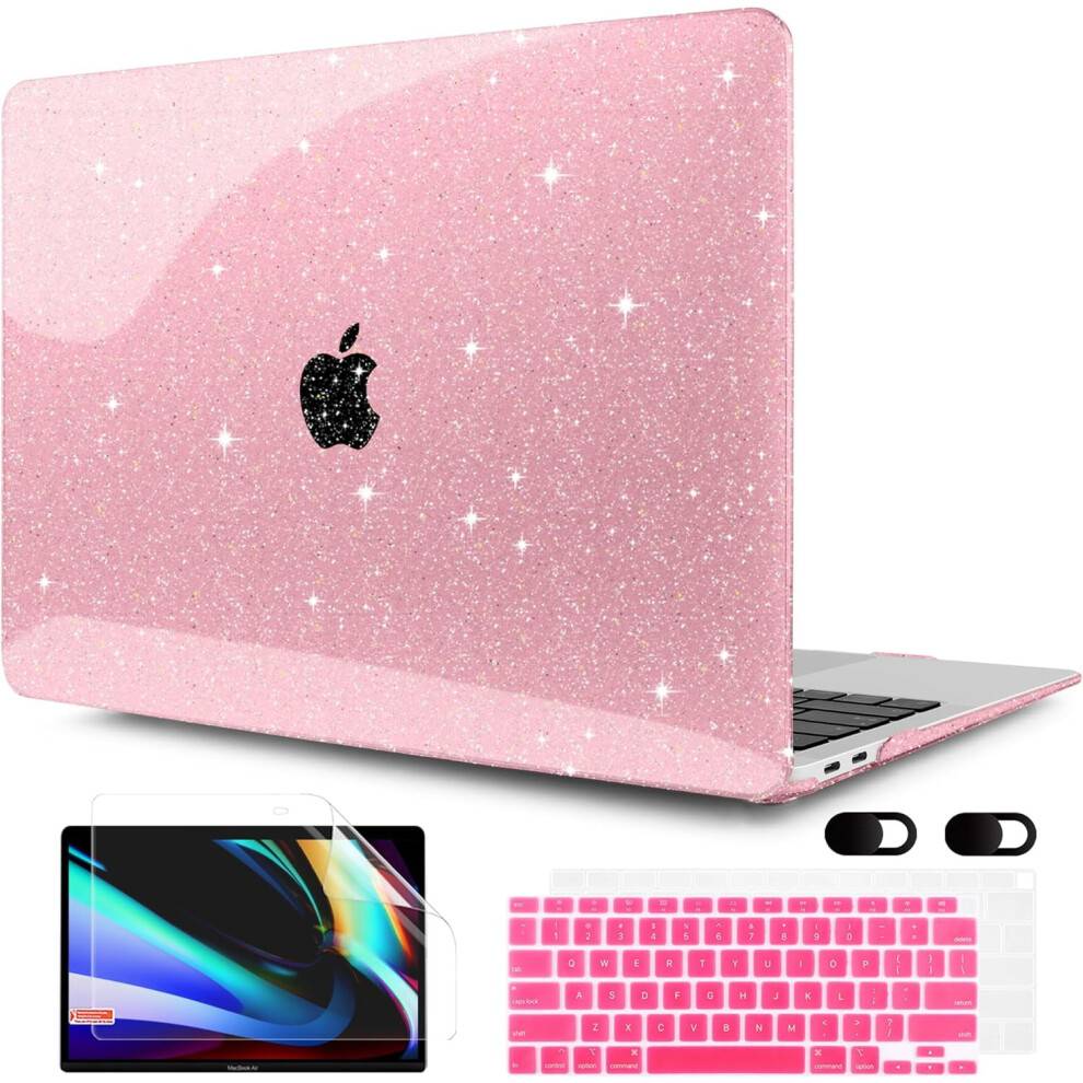 Tyndt, blødt og hårdt PC-cover i glitterlyserødt med tastatur, kompatibelt med MacBook Air 13" (2018-2021, A1932/A2179/A2337/M1)