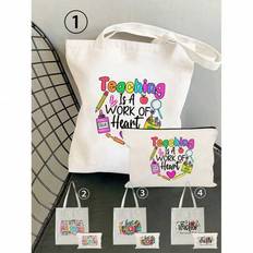 Canvas Handbag With Makeup Bag Set, Teacher Themed Printed Handbag=Single Bag, Personalized Wedding Gift Bag For Ladies Bridesmaids, Letter Printed Ha - White - Multi-size