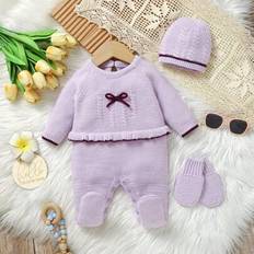 Elegant Ljuslila Mjuk Stickad Footed Jumpsuit för nyfödda flickor med lång ärm, rosettdekor och 3 st Set med mössa, vantar och mössa för värme och sky - Mauve Lila (6-9M,0-1M,1-3M,3-6M)