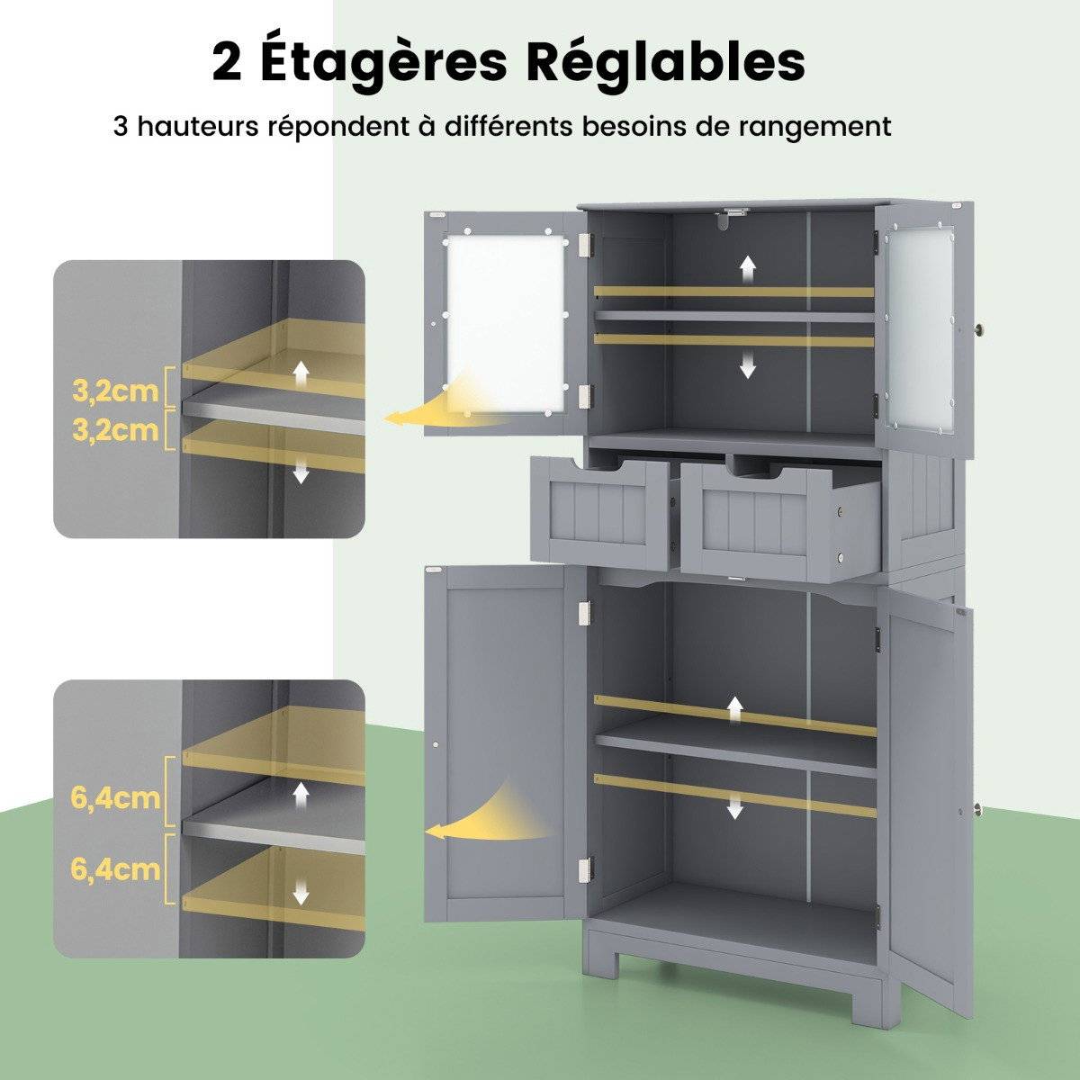 Högt badrumsskåp, 4 dörrar, 2 lådor, grå