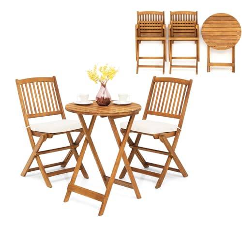 KOMFOTTEU 3 delar balkongmöbler, vikbart balkongset, trädgårdsmöbelset med 1 bord och 2 stolar, sittset med 2 kuddar, sittgrupp bistroset för balkong, trädgård (beige kudde)