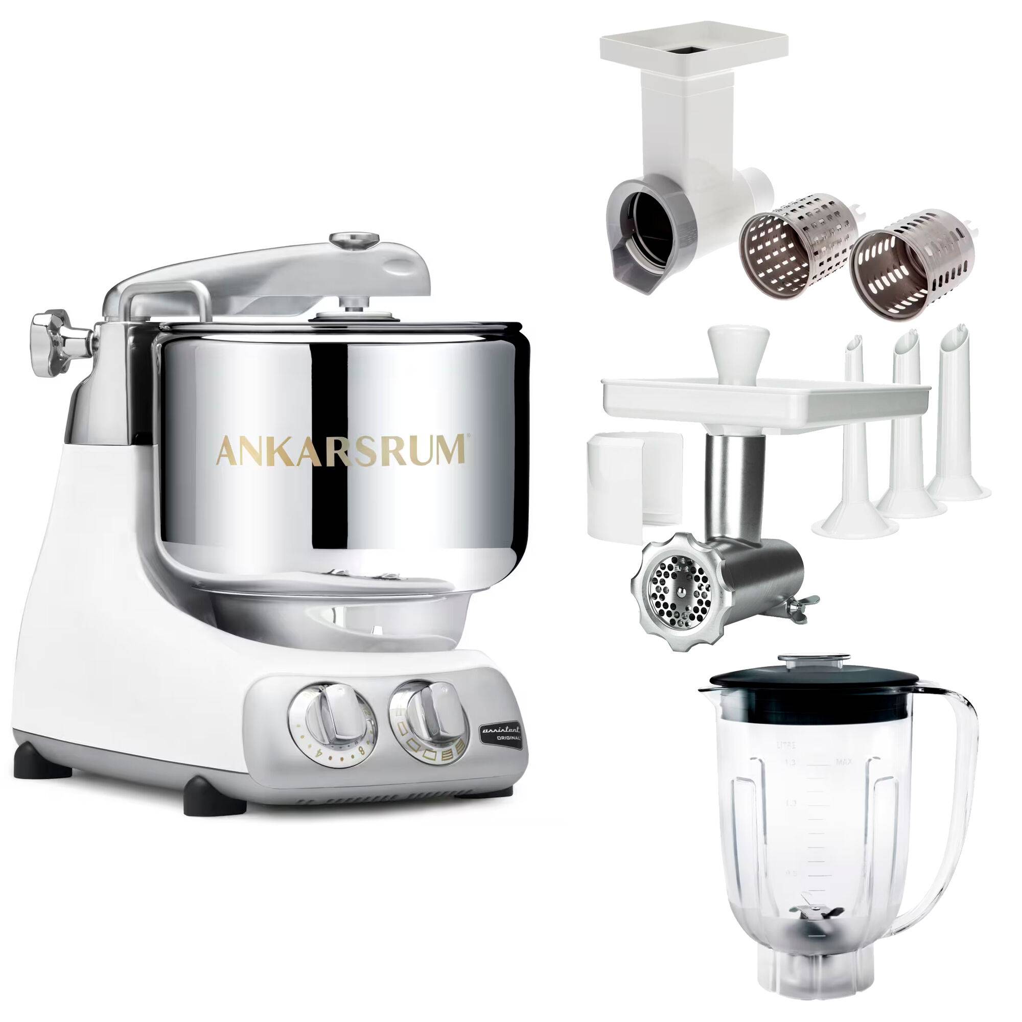 Ankarsrum Assistent Original AKM 6230 köksassistent med köttkvarn, skärtillsats och mixerkanna, glossy white - Glossy white