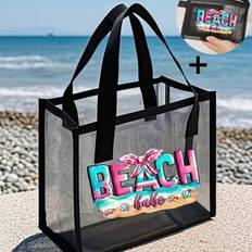 Black Transparent Mesh Double Handle Tote Bag And Cosmetic Bag, Beach Element Shell Pattern Print Bag, Shell Print Cosmetic Bag, Women&#39;s Mesh Square B - Black