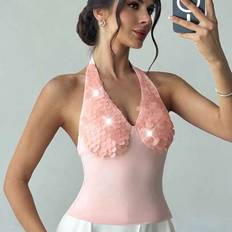 Dam Elegant Sexig Paljett Broderad Knuten Midja Halter Topp Mode Musikfestival Bröllopsfest Paljett Broderad Knytbar Rosa TOPP, Broderad Chiffong Seme - Guld (L,M,S,XS)