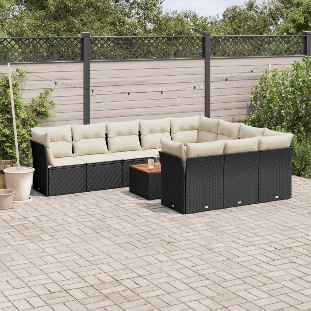 Loungesæt Til Haven 11 Dele Med Hynder Polyrattan - Sort og cremefarvet / 6x midterdel 4x hjørnedel bord