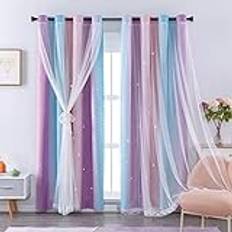 XiDi gardiner för flickor sovrum barnrum enhörning prinsesstema heminredning 160 cm längd rosa/lila, B 132 x L 163 2 paneler