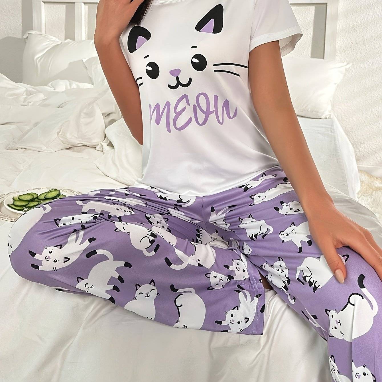 Cartoon Cat Print Short Sleeve Top And Full Print Pants Pajama 2pcs Set