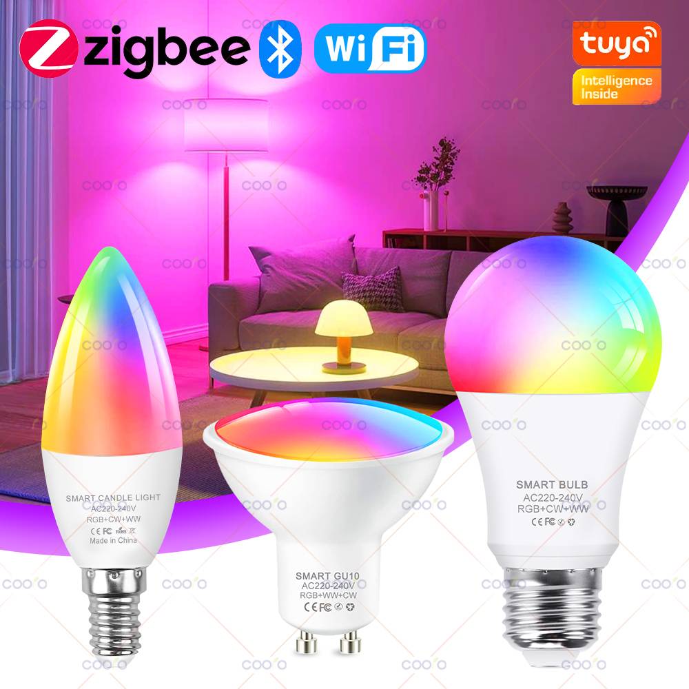 Tuya E27 GU10 E14 Bulb Zigbee/WiFi/Bluetooth Dimmable LED Light Lamp RGBCW Work with Amazon Alexa Google Assistant Voice Control