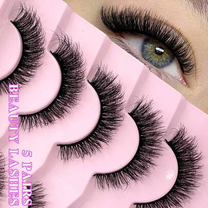 ENCHUW 5 par lyxiga falska ögonfransar 8D naturlig cat eye wingad stil, återanvändbara och bekväma, lämpliga för alla tillfällen - Svart