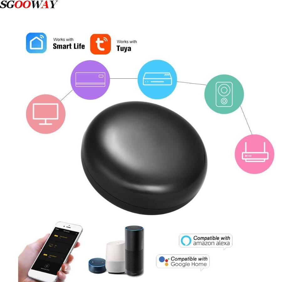 Tuya wifi smart ir fjärrkontroll smart hem kompatibelt med alexa, google assistant, smart life för att styra din tv, luftkonditionering