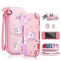 FANPL Fodral för Nintendo Switch Lite, söt rosa enhörning bärväska paket för Switch Lite-tillbehör med mjukt TPU-skydd, justerbar rem, skärmskydd, tumgreppsskydd