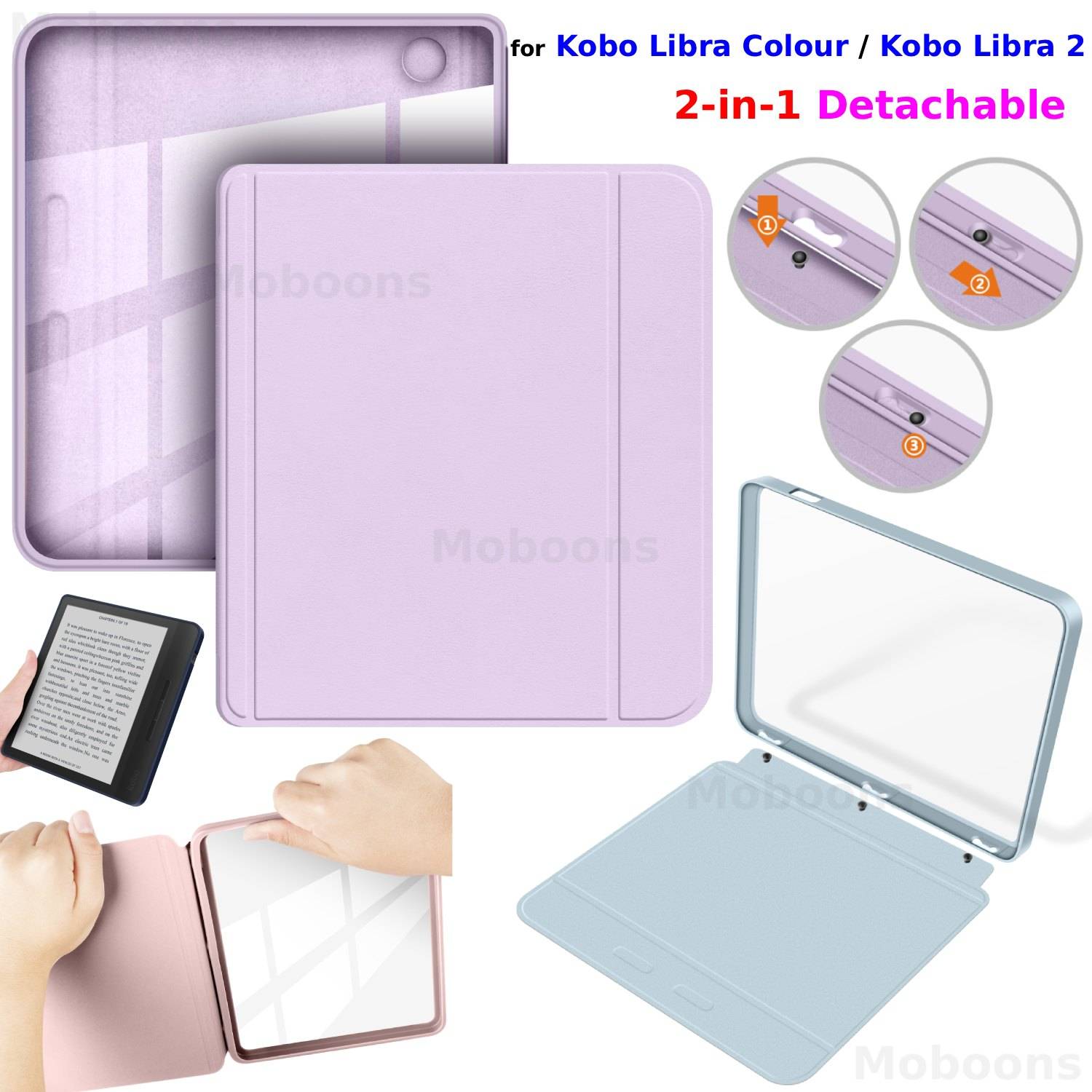 For Kobo Libra Colour/Libra 2 7" Detachable 2-in-1 Case Clear Acrylic Back Wake/Sleep PU Leather Cover Accessories Ebook Funda