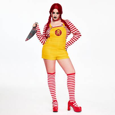 Halloween cosplaydräkt i plus size, randig T-shirt och hängselbyxor, 2-delat set för scenframträdande - Gul (0XL,1XL,2XL,3XL,4XL)
