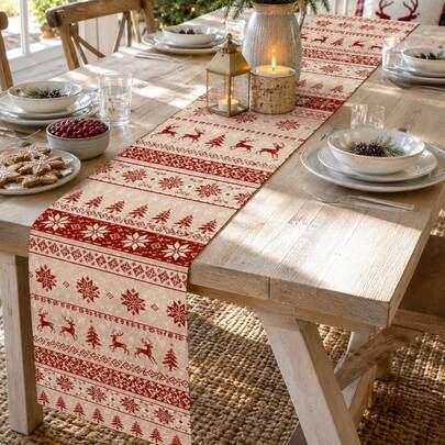 1 st vintage Fair Isle bordslöpare med julmotiv av ren, snöflinga, gran och randigt tryck, lantlig juldekoration, lämplig för daglig hemmatsättning, k - Multifärgad (274*33 cm,91*33 cm,180*33 cm)