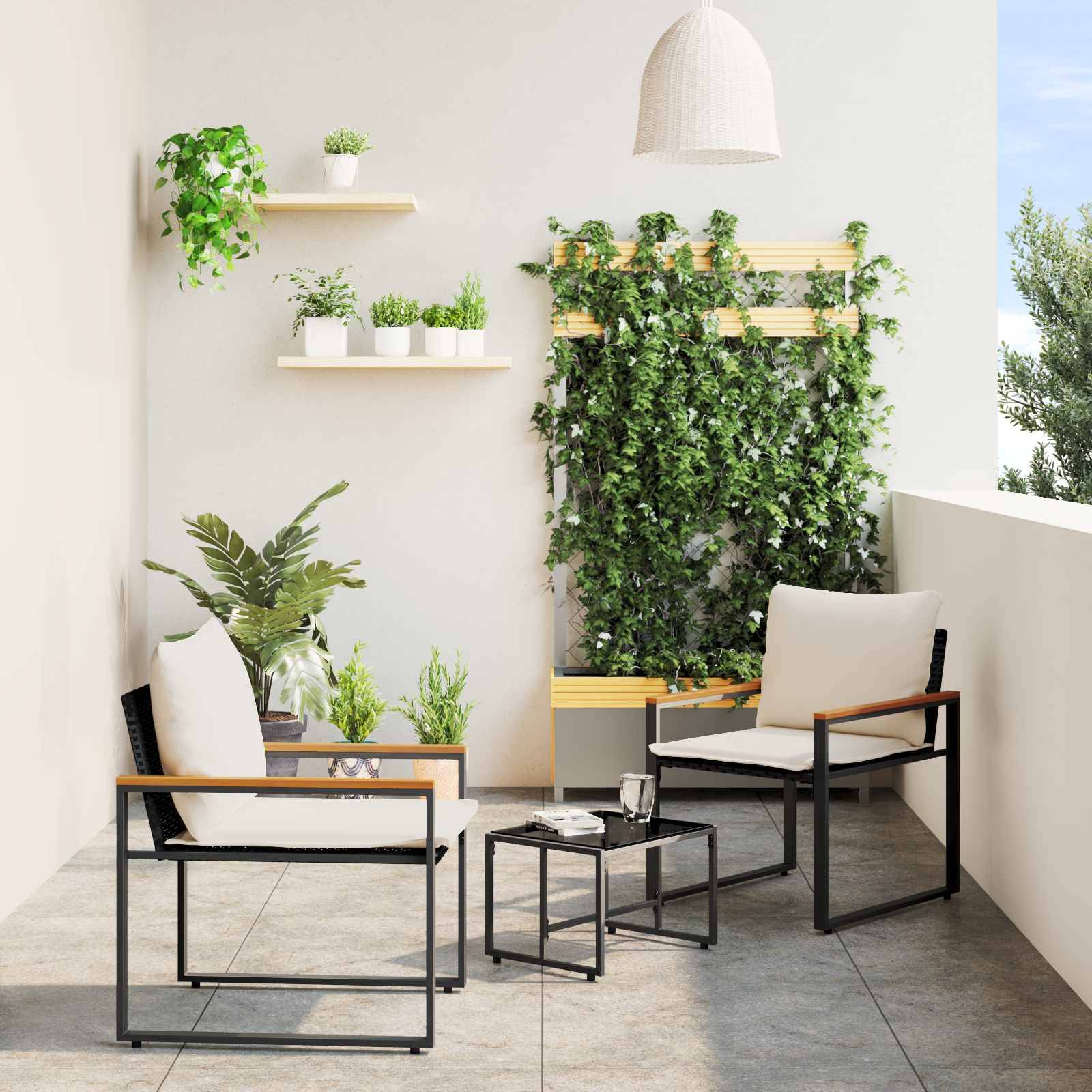 Møbel sæt med pude 3 pcs Sort og Cremehvid Rattan