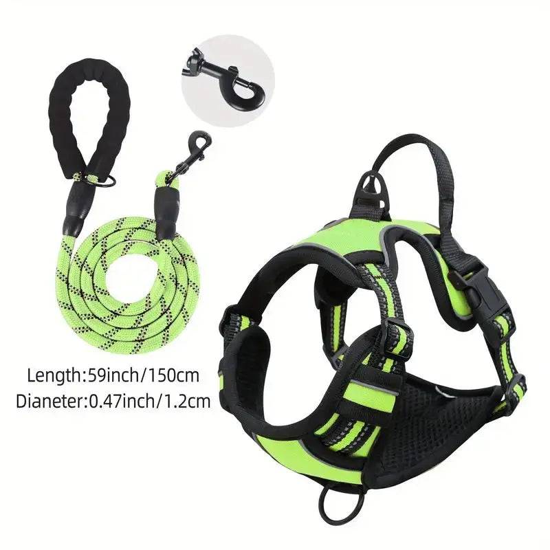Reflective Front Clip Dog Harness with Handle - Green / M (M)