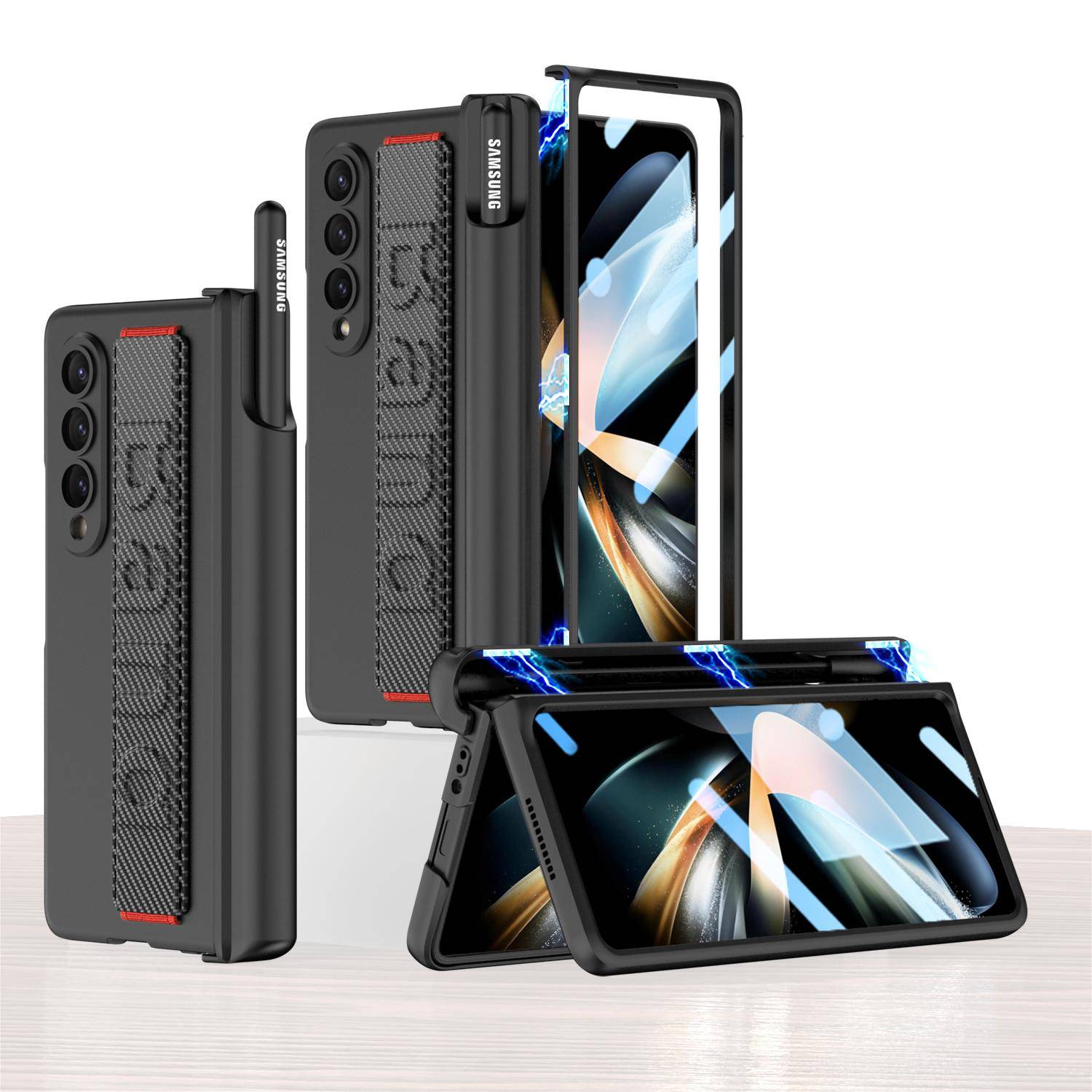 För Samsung Galaxy Z Fold 4-fodral Inkluderat magnetiskt penngångjärn med skärmglas för Galaxy Z Fold4 Hårt fodral för handledsrem svart