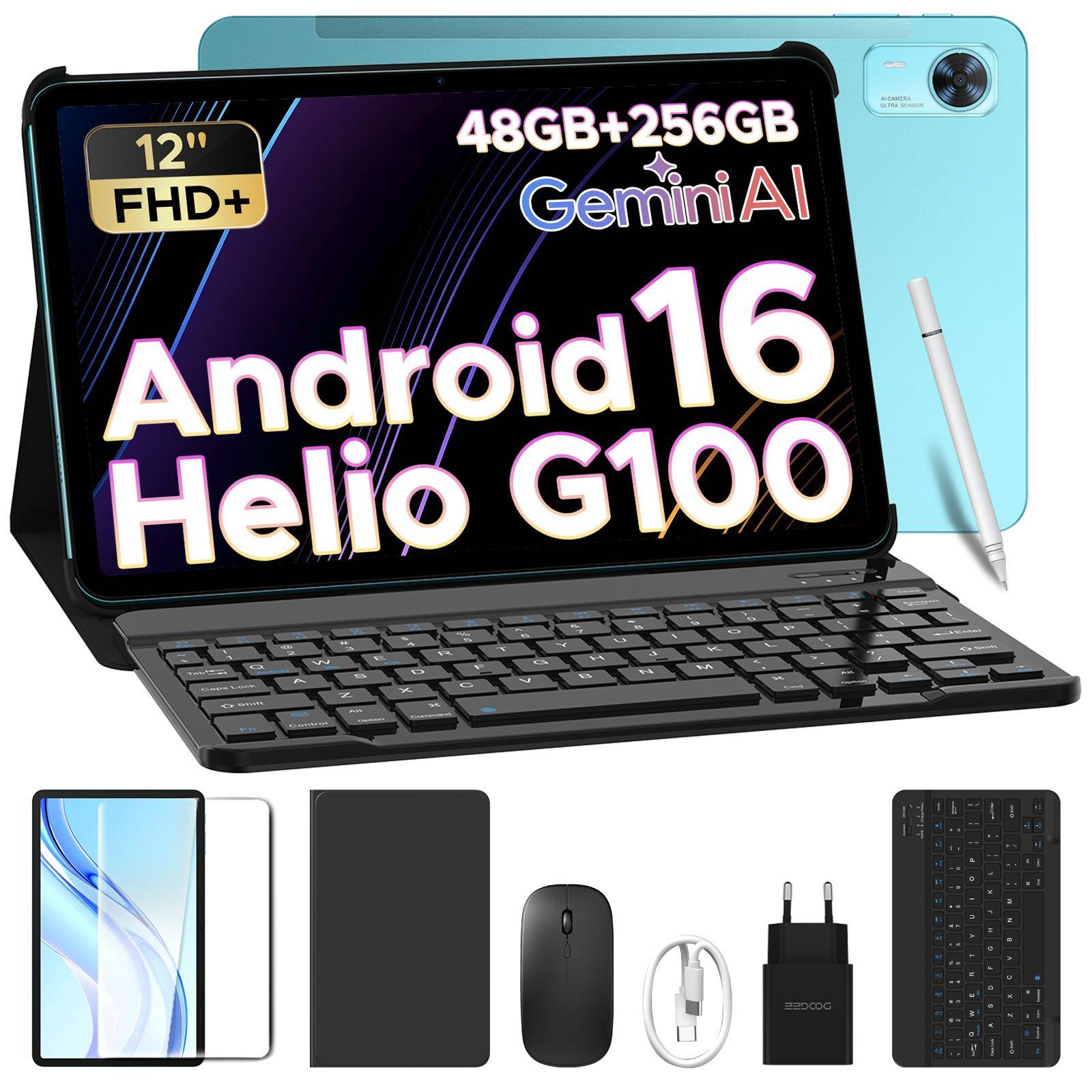 DOOGEE Tab E3+ Tablet with Keyboard, Helio G100 Android Tablets, 32GB+256GB/2TB, 2.4K AI Tablets, 8800mAh, Tablet with pen & case