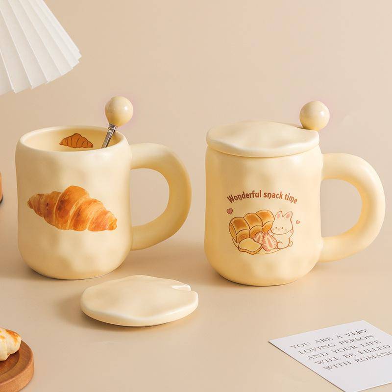 Söt Mjölk Fufu Kopp Bröd Mugg med Lock Sked Ins Style Flicka Keramisk Kaffe Frukostkopp Kontor