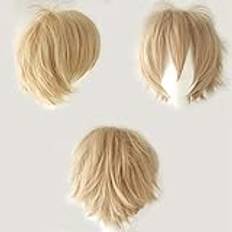 Anime peruk, kort, cosplay, peruker för kvinnor, män, syntetisk, rak, finklänning, vågig, slät, halloween, karneval, kostym, festperuk, linne, blond