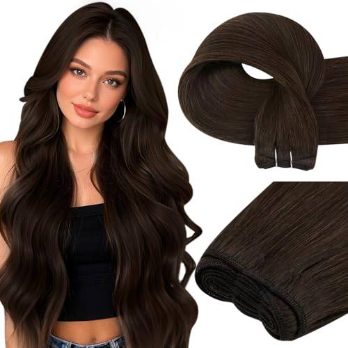 Easyouth Slingor av äkta hår, förlängningar av brunt hår, mörkaste brunt, hårförlängning som sys in, Remy-extensions, 41 cm (16 tum), 100 g, #2