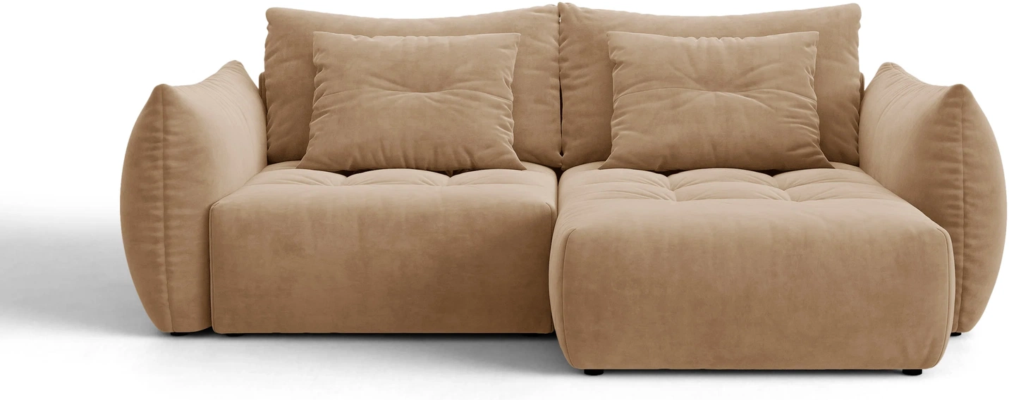 Sovesofa/chaiselongsofa Micadoni Bloom - Casino Lion velour, mandelbeige, højrevendt med opbevaring, til 3 personer.
