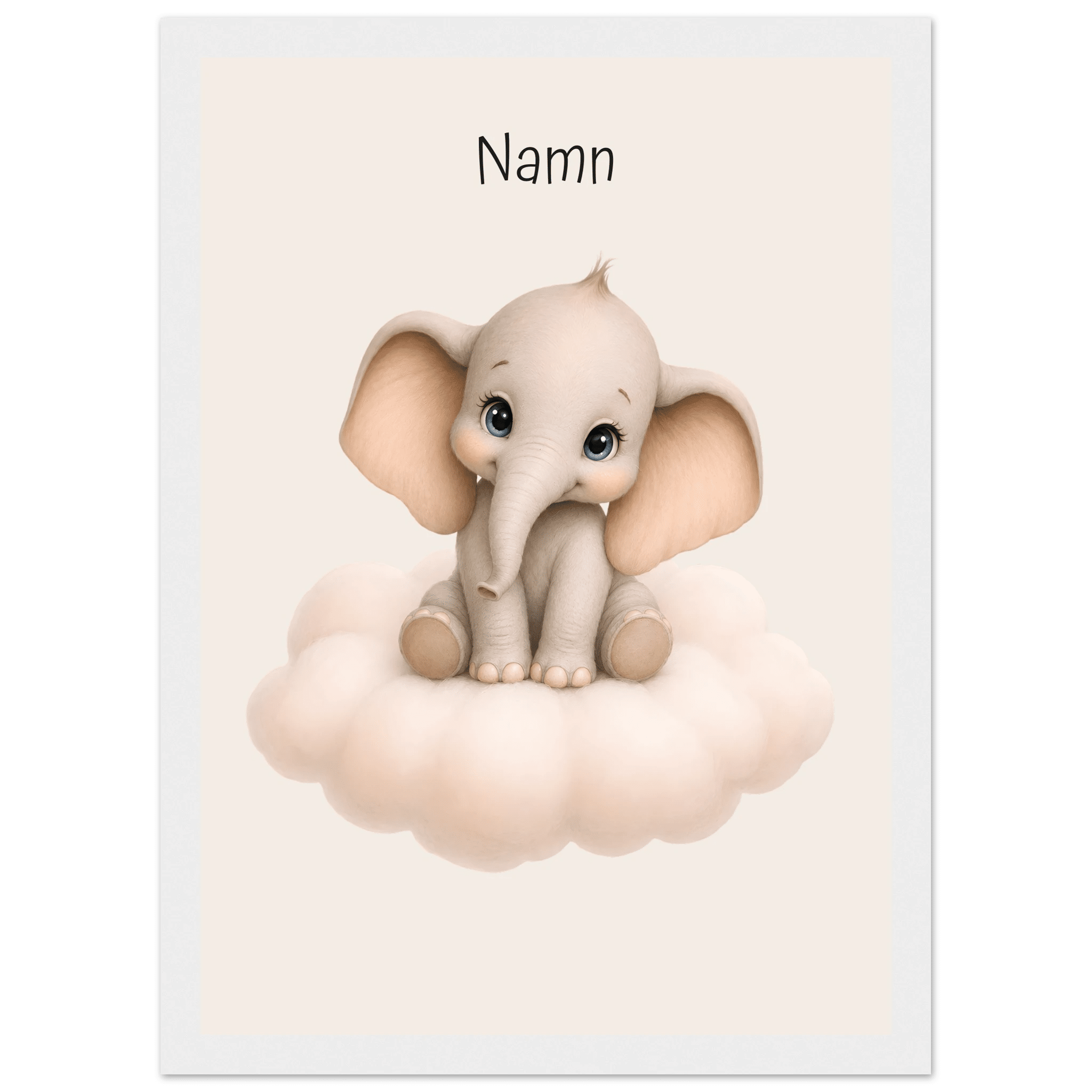 Elefant på moln med namn-21x29.7 cm / 8x12" / Med ram / Vit
