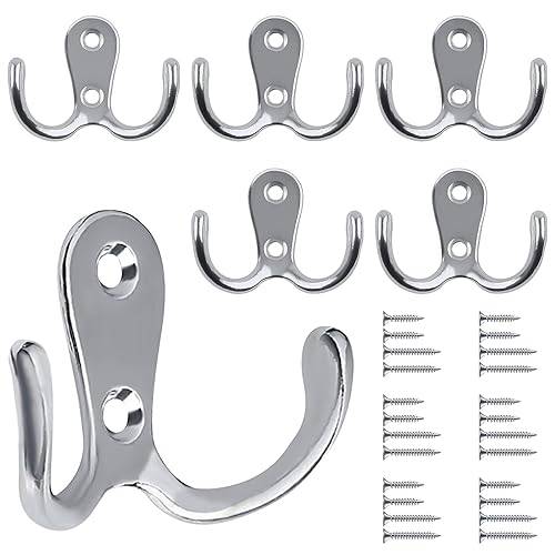 6 set dubbel spetsrock krok, Bolatus dubbla klädkrokar krom klädkrok kraftig metallklädhängare för sovrumsdörr väggmonterade hängande kläder med 12 skruvar (silver)