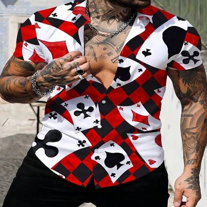 Herr Poker & Geometriskt Mönster Tryckt Kort Ärm Skjorta - Röd (L,M,S,XL,XXL)
