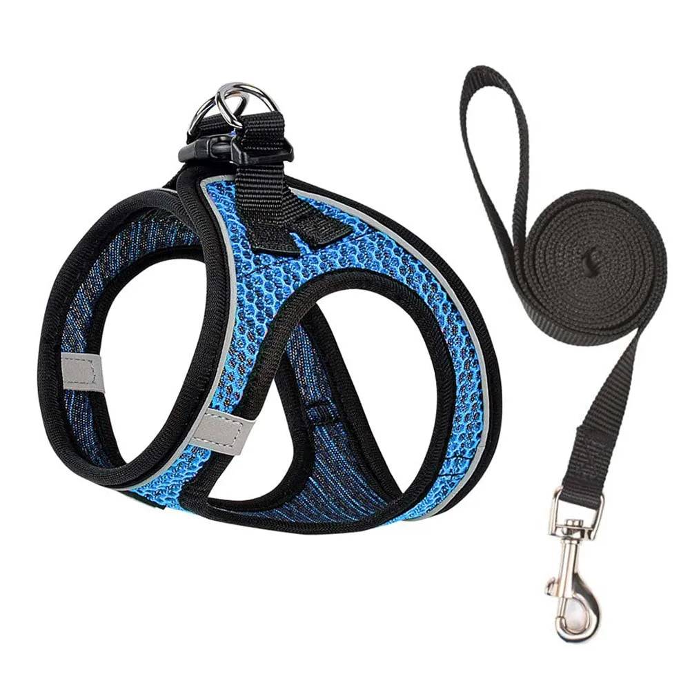 Adjustable Mesh Harness & Lead Set — Breathable Reflective Vest for Small Dogs & Cats - Harness Set--BLUE / XS（old） (XS（old）)