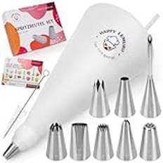 Happy Lemuro Premium spritspåse med munstycken | 8 spritstyllar med spritpåse av bomull (40 cm) – baktillbehör inkl. Berlin spruta | slipfyllmedel – tårtspruta – klädpåse – piping bag