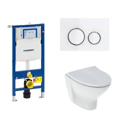 Geberit Sigma 112 cm toiletpakke, inkl. Ifö Spira 6265 Rimfree, Ifö Clean + SoftClose toiletsæde, og Sigma21: Hvid (krom detajler) trykknap