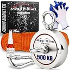 MAGFISHION Dubbel Magnetfiske Set - Dragkraft 500KG (2x 250kg) - Ø75mm - Neodym Magnet - Med Mörkorange Repet (20M) & Handskar - Ögonmagnet - Fiskemagneter