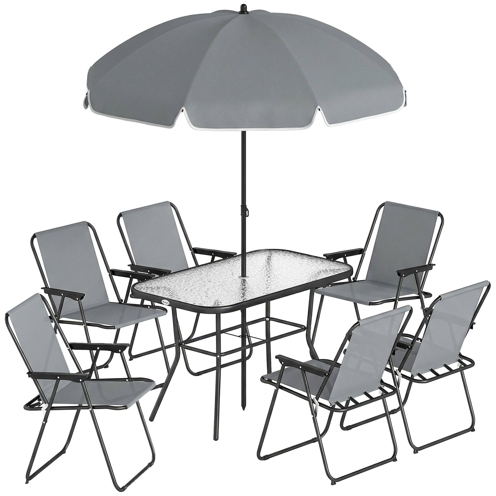 Havemøbelsæt, siddegruppe, 119 x 68 cm, glasbord med 6 klapstole, parasol, vandbølgemønster, grå