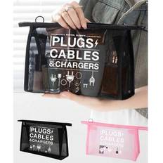 Mesh Nylon With Data Cable Plug Pattern Printed Women&#39;S Portable Makeup Bag With Portable Multipurpose Cosmetic Bag, Women&#39;S Makeup Bag Travel Toilet - Multicolor - Black (one Piece),Pink (one Piece)