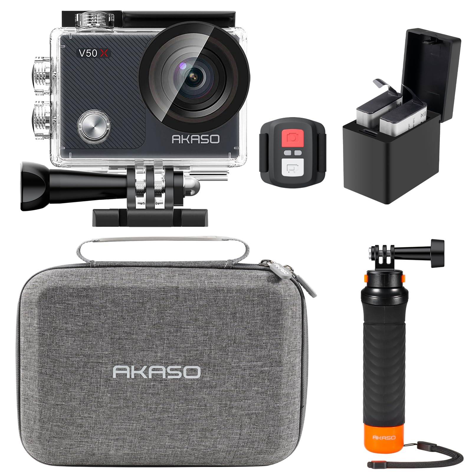AKASO Action Camera 4K New Image WiFi Compact Action 40M Wide Range of Remote and Floating Handgrip V50X, 30fps, 20MP, 6-Axis Stabilization, Enabled, svart