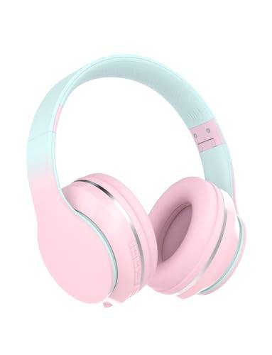 Xunpuls barnhörlurar, trådlösa, över örat med mikrofoner, stereoljud, 10H speltid, vikbar och justerbar, Bluetooth 5.1, rosa