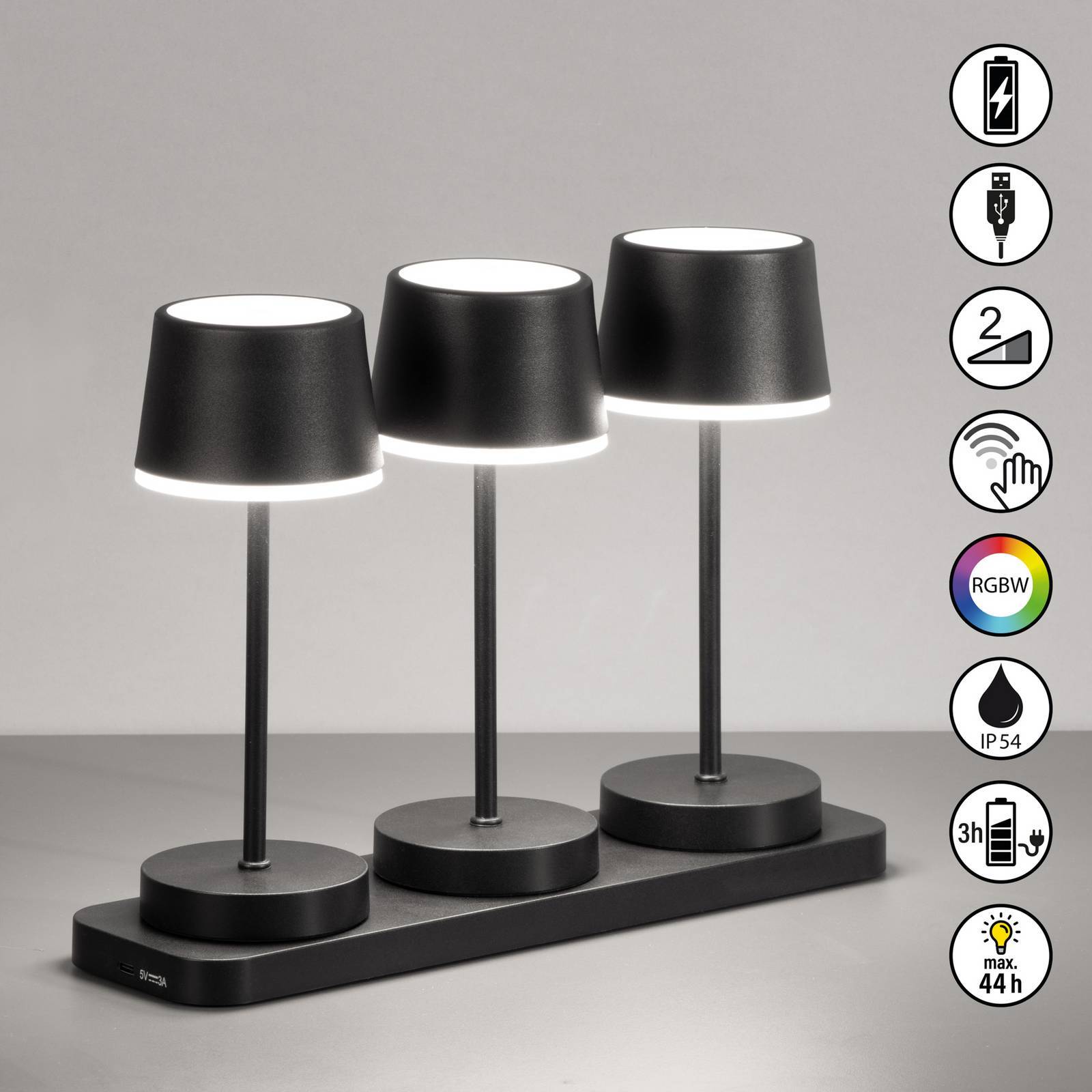 FH Lighting LED-bordslampa med batteri Gardo, 3-pack, laddningsstation, svart dimbar, Svart, Vardagsrum / matsal, Syntetmaterial, Modern
