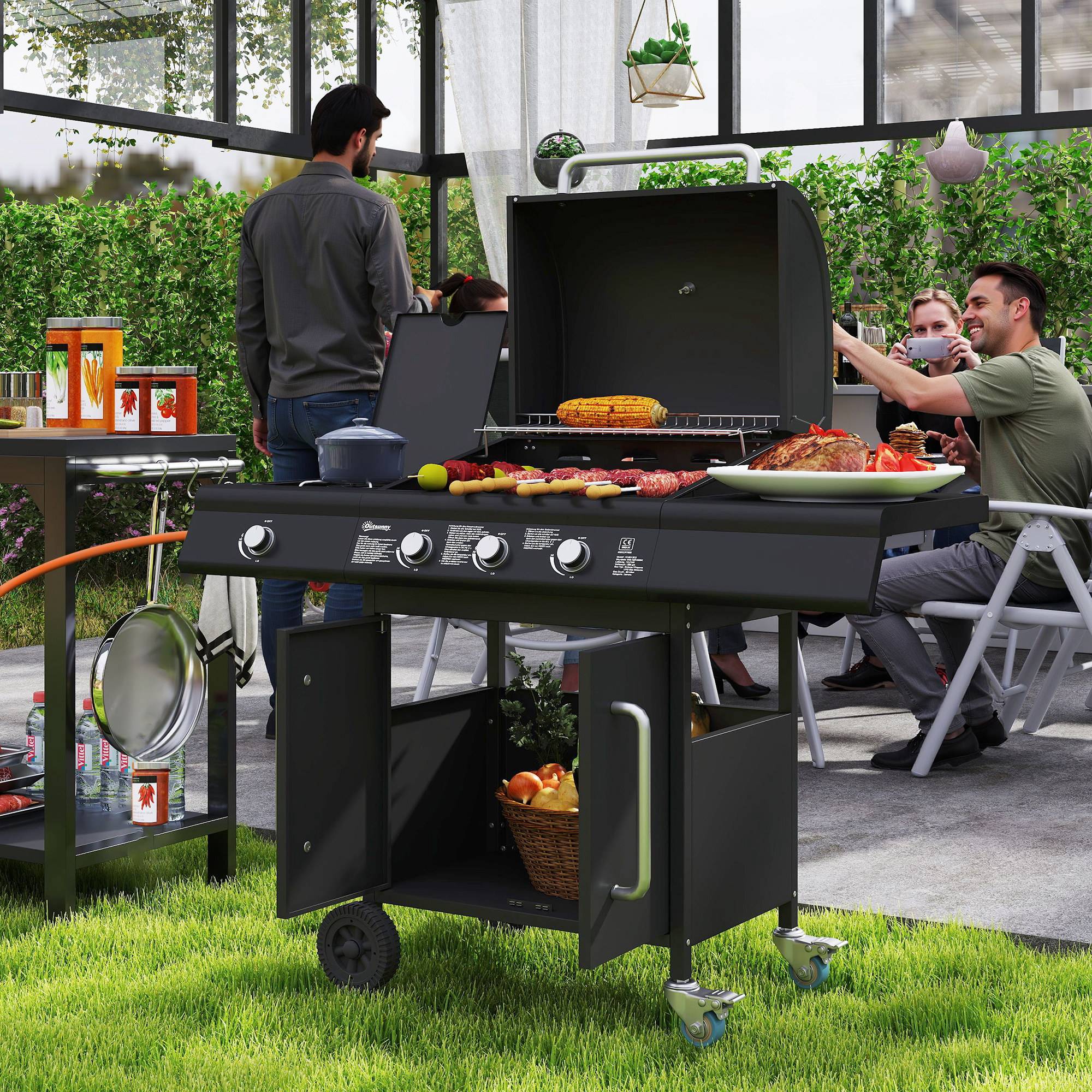 Mobil gasgrill med opbevaringsplads, sidebord, sidebrænder, varmerist, termometer, rustfrit stål, sort.
