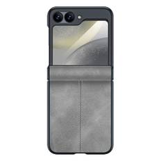 LUOTILAG Smal Fodral för Samsung Galaxy Z Flip 6, Full Package Hinge Case Tempered Film Small Screen Protection Leather Cover,Grey