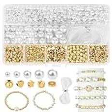 1 090 stycken pärlor för att trä upp, glaspärlor, vita konstgjorda pärlor, runda pärlor, vita imitationspärlor guld, avståndspärlor för gör-det-själv halsband, armband, smycken, hantverk (Ø 4, 6, 8,