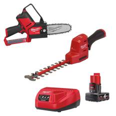 Milwaukee M12 FHS-401 kædesav + FHT20-0 busktrimmer + B4 batteri + C12 lader