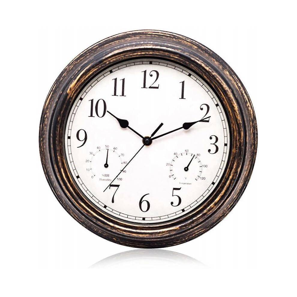 (Black Bronze) Garden Clock Outdoor Waterproof Clocks With Thermometer Hygrometer 12 Inch Retro Metal Wall Clocks For Patio Pool