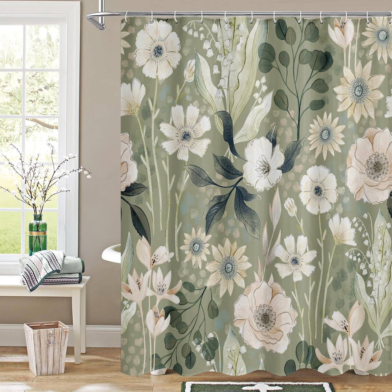 Mitovilla Boho Gröna Blommor Duschdraperi, Sommarväxtblad Tyg Duschdraperier För Chic Elegant Badrumsinredning, Mo